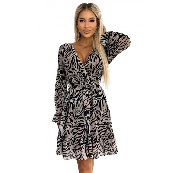 506-2 Chiffon dress with a neckline, ruffles and a belt - beige and black zebra     