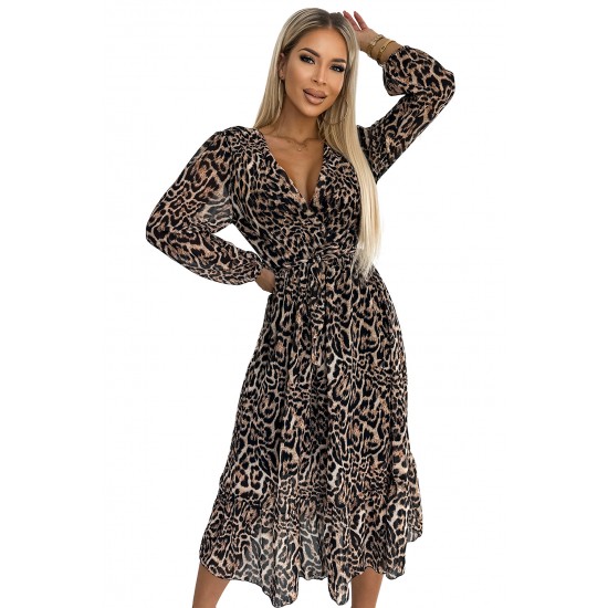 505-1 WILD Longer chiffon dress with a neckline, ruffles and a belt - leopard print     