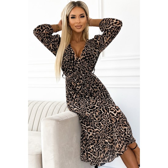 505-1 WILD Longer chiffon dress with a neckline, ruffles and a belt - leopard print     