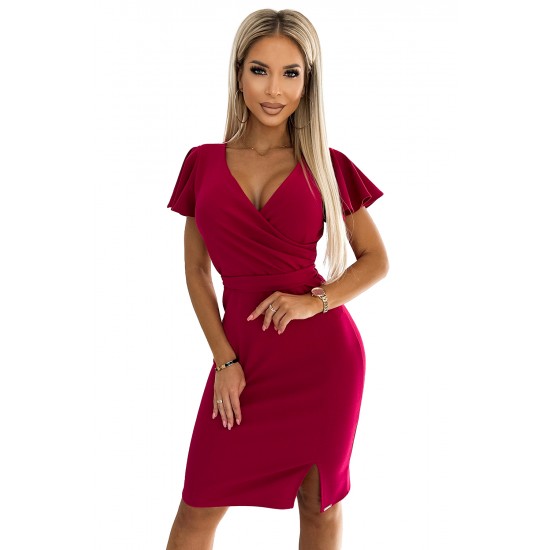 479-4 NINA dress with envelope neckline, sleeves and belt - fuchsia     