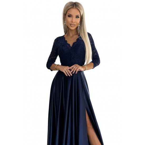 309-7 AMBER lace long satin dress with a neckline - dark blue     