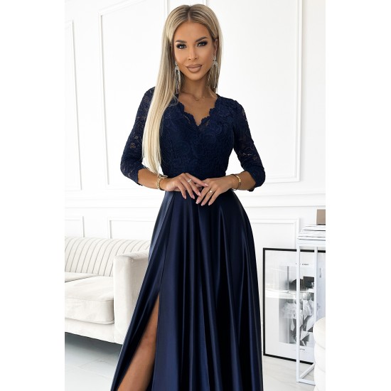 309-7 AMBER lace long satin dress with a neckline - dark blue     