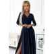 309-7 AMBER lace long satin dress with a neckline - dark blue     