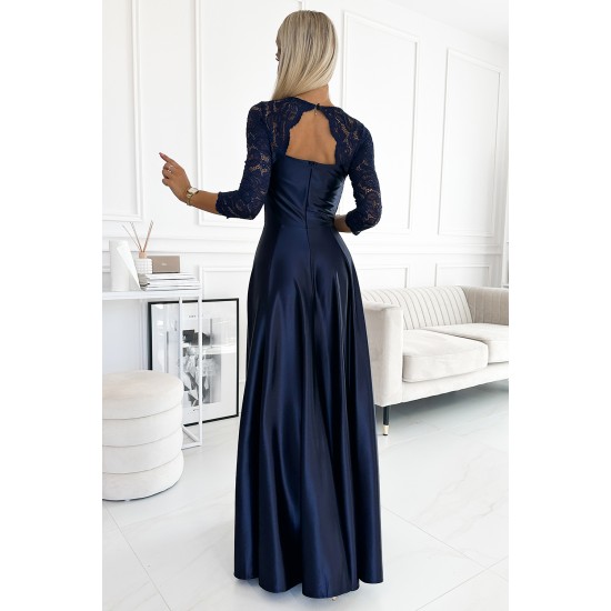 309-7 AMBER lace long satin dress with a neckline - dark blue     