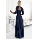 309-7 AMBER lace long satin dress with a neckline - dark blue     