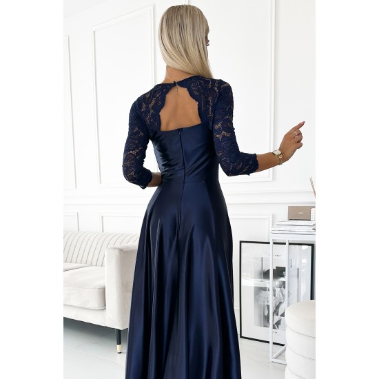 309-7 AMBER lace long satin dress with a neckline - dark blue     