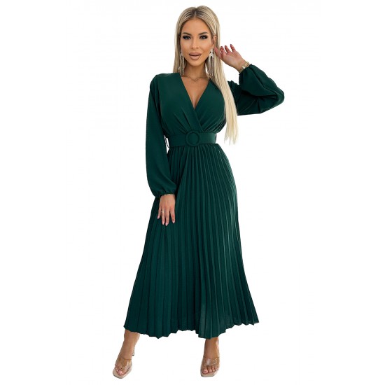 504-3 VIVIANA Pleated midi dress with a neckline, long sleeves and a wide belt - green     