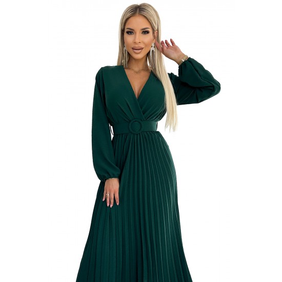 504-3 VIVIANA Pleated midi dress with a neckline, long sleeves and a wide belt - green     