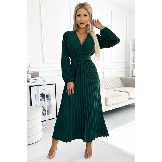 504-3 VIVIANA Pleated midi dress with a neckline, long sleeves and a wide belt - green     