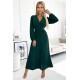 504-3 VIVIANA Pleated midi dress with a neckline, long sleeves and a wide belt - green     