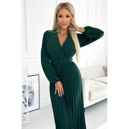 504-3 VIVIANA Pleated midi dress with a neckline, long sleeves and a wide belt - green     