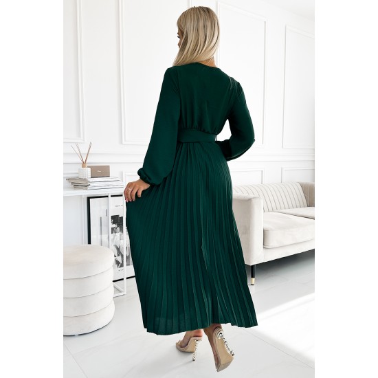 504-3 VIVIANA Pleated midi dress with a neckline, long sleeves and a wide belt - green     