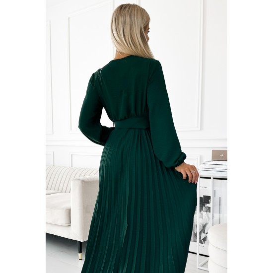 504-3 VIVIANA Pleated midi dress with a neckline, long sleeves and a wide belt - green     