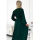 504-3 VIVIANA Pleated midi dress with a neckline, long sleeves and a wide belt - green     