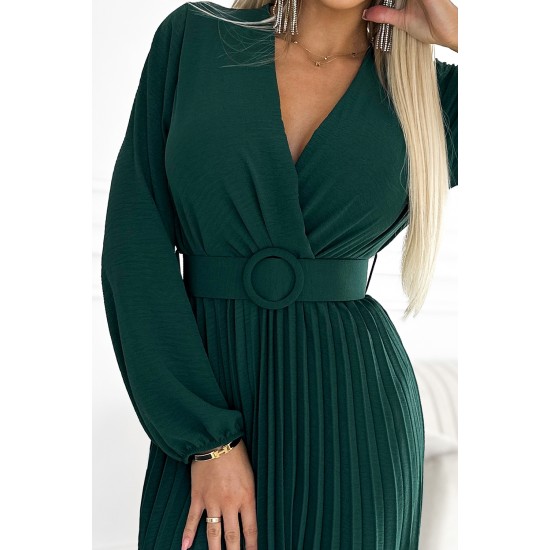 504-3 VIVIANA Pleated midi dress with a neckline, long sleeves and a wide belt - green     