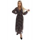 511-2 Pleated chiffon long dress with a neckline, long sleeves and a belt - brown zebra     
