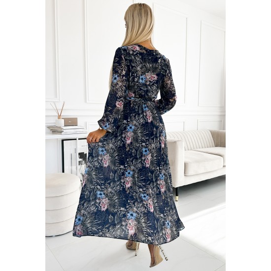 511-3 Pleated chiffon long dress with a neckline, long sleeves and a belt - navy blue pattern     
