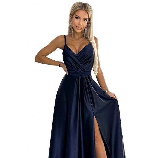512-2 ДЖУЛЬЕТТА элегантное длинное атласное платье с вырезом - темно-синее