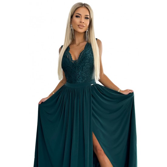 211-6 LEA long dress with lace neckline - green     