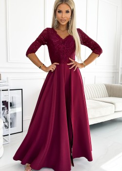 309-9 AMBER eleganta gara maxi kleita ar mežģīņu kakla izgriezumu - bordo 309-9 AMBER eleganta gara maxi kleita ar mežģīņu kakla izgriezumu - bordo