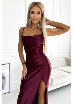 483-4 DIANE satīna gara kleita ar šķēlumu kājās - Burgundijas krāsā