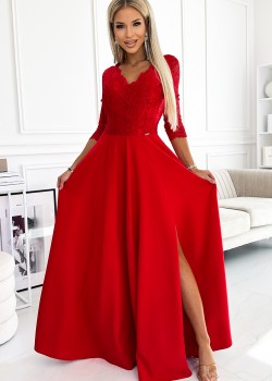 309-8 AMBER mežģīnes, eleganta gara kleita ar kakla izgriezumu un šķēlumu kājās - sarkana 309-8 AMBER mežģīnes, eleganta gara kleita ar kakla izgriezumu un šķēlumu kājās - sarkana