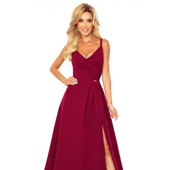 299-5 CHIARA eleganta maxi kleita ar lencītēm - Burgundijas krāsā