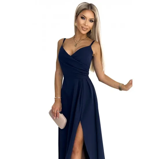 299-7 CHIARA eleganta maxi kleita ar lencēm - tumši zila 299-7 CHIARA eleganta maxi kleita ar lencēm - tumši zila