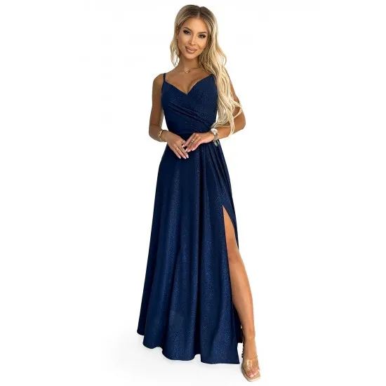 299-10 CHIARA eleganta maxi kleita ar lencītēm - tumši zila ar spīguļiem