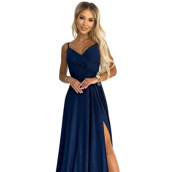 299-10 CHIARA eleganta maxi kleita ar lencītēm - tumši zila ar spīguļiem