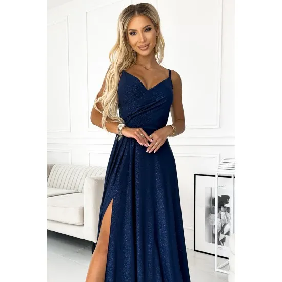 299-10 CHIARA eleganta maxi kleita ar lencītēm - tumši zila ar spīguļiem