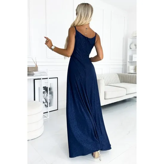 299-10 CHIARA eleganta maxi kleita ar lencītēm - tumši zila ar spīguļiem