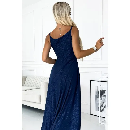 299-10 CHIARA eleganta maxi kleita ar lencītēm - tumši zila ar spīguļiem