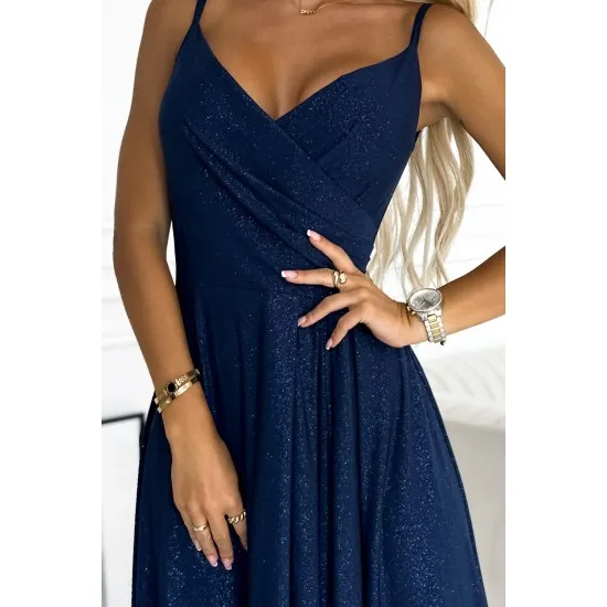 299-10 CHIARA eleganta maxi kleita ar lencītēm - tumši zila ar spīguļiem