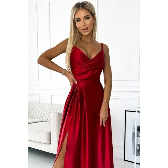 299-14 CHIARA eleganta satīna maxi kleita ar lencītēm - sarkanā krāsā